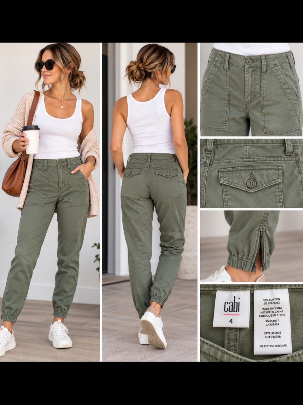 CAbi Traveler Pants #5076 Olive Green Utility Jogger Ankle Zip Size 4.